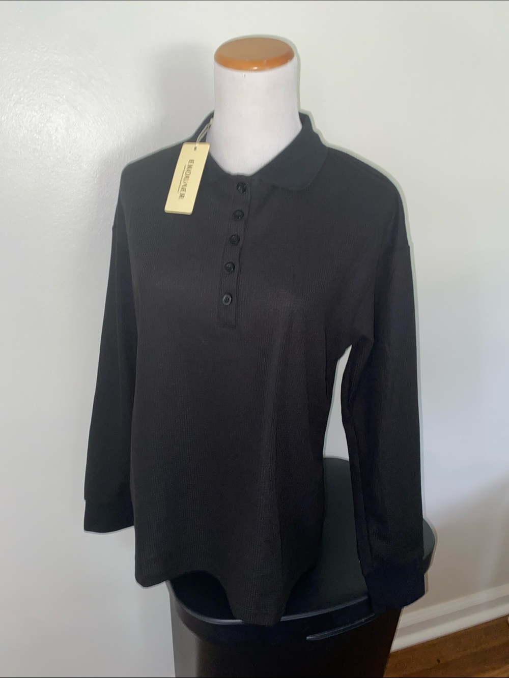 Women’s Black Long-Sleeve Polo Top - Classic Button Placket